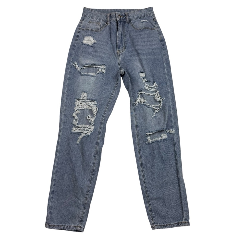 SHEIN Blue Straight Leg Jeans with Distressed Details